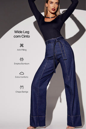 Calça Jeans de Rica Tecnológica Wide Leg Cós Super Alto