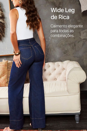 Calça Jeans de Rica Tecnológica Wide Leg Cós Super Alto