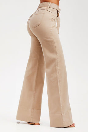 Calça Jeans de Rica Tecnológica Wide Leg Nude Cós Médio