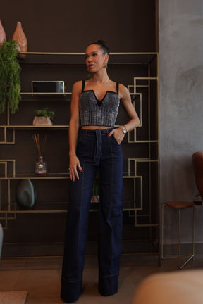 Calça Jeans de Rica Tecnológica Wide Leg Cós Super Alto