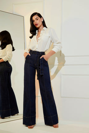 Calça Jeans de Rica Tecnológica Wide Leg Cós Super Alto